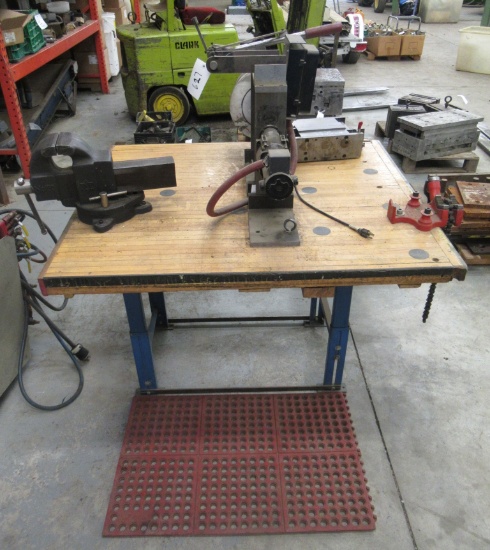Work Bench With Contents That Includes 5" Bench Vise, Ridgid Pipe Clamp, To