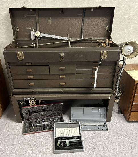Kennedy Machinest Box With Contents That Includes Mics, Calipers, Setups, B