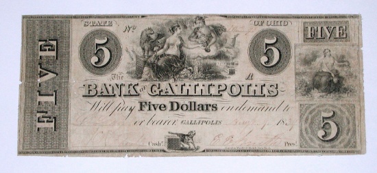 1834 $5 BANK of GALLIPOLIS, OHIO NOTE