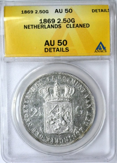 NETHERLANDS - 1869 2 1/2 GULDEN - ANACS AU50 DETAILS