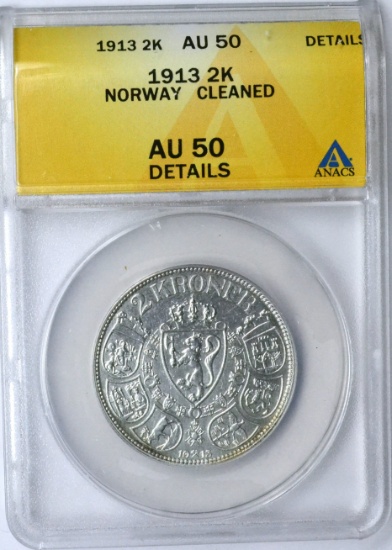 NORWAY - 1913 TWO KRONER - ANACS AU50 DETAILS