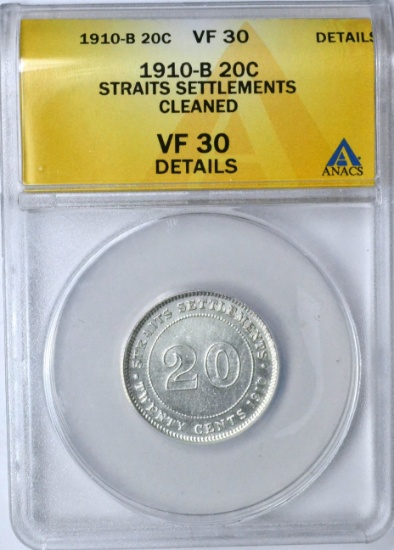 STRAITS SETTLEMENTS - 1910-B 20 CENTS - ANACS VF30 DETAILS