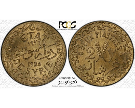SYRIA - 1926 TWO PIASTRES - PCGS MS65
