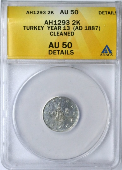 TURKEY - AH1293/13 TWO KURUSH - ANACS AU50 DETAILS