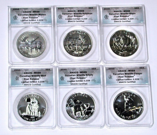 CANADA - SIX (6) WILDLIFE FIRST RELEASE SILVER ROUNDS - ANACS MS69