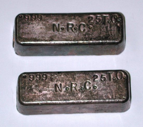 TWO (2) 25 TROY OUNCE N.R.C. POURED .999 FINE SILVER BARS - 50 TROY OZ TOTAL