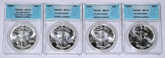 FOUR (4) ANACS MS70 SILVER EAGLES - 1986, 1987, 1988, 1989