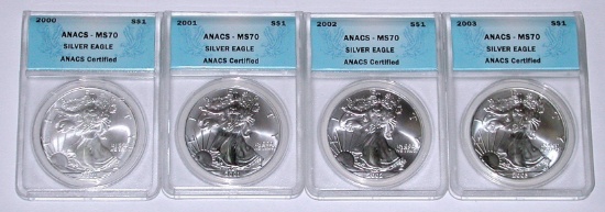 FOUR (4) ANACS MS70 SILVER EAGLES - 2000, 2001, 2002, 2003