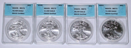 FOUR (4) ANACS MS70 SILVER EAGLES - 2008, 2009, 2010, 2011