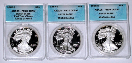 THREE (3) ANACS PR70 DCAM PROOF SILVER EAGLES - 1986-S, 1987-S, 1988-S