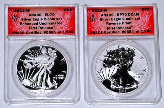 2013-W REVERSE PROOF + ENHANCED SILVER EAGLES - ANACS 70 FIRST RELEASE