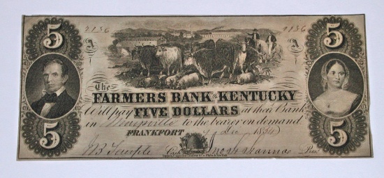 1834 $5 FARMERS BANK of KENTUCKY NOTE