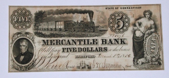1856 $5 MERCANTILE BANK of HARTFORD, CT NOTE
