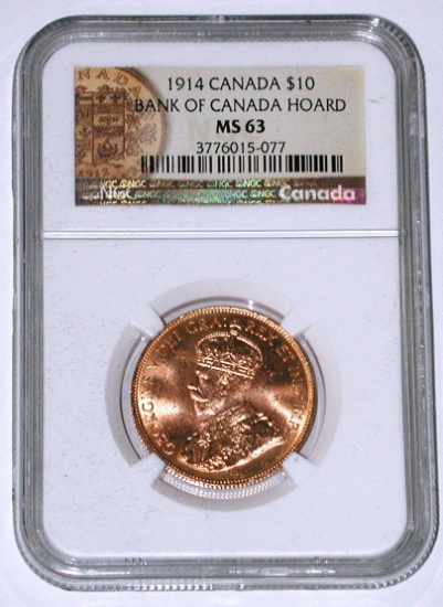 CANADA - 1914 $10 GOLD - BANK OF CANADA HOARD - NGC MS63