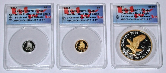 CANADA - 2014 3-COIN BALD EAGLE SET - SILVER, GOLD, PLATINUM - ANACS PR70