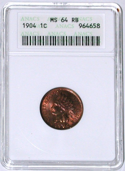 1904 INDIAN CENT - ANACS MS64 RED BROWN