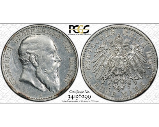 GERMANY - BADEN - 1907-G FIVE MARK - PCGS AU DETAILS