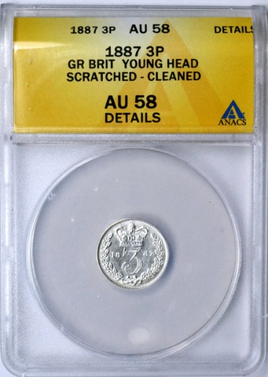 GREAT BRITAIN - 1887 THREE PENCE - ANACS AU58 DETAILS