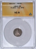 1844 SEATED LIBERTY HALF DIME - FS-301 REPUNCHED DATE - ANACS VG8