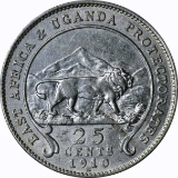 EAST AFRICA - 1910 25 CENTS - SILVER