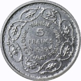TUNISIA - 1939 FIVE FRANCS - SILVER
