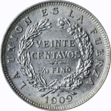 BOLIVIA - 1909 20 CENTAVOS - SILVER