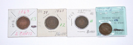 FOUR (4) TWO CENT PIECES - 1864, 1865, (2) 1869