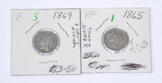 TWO (2) THREE CENT NICKELS - 1865 + 1869