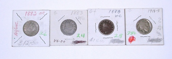 FOUR (4) BETTER NICKELS - 1883 N/C, (2) 1883 W/C, 1914-S