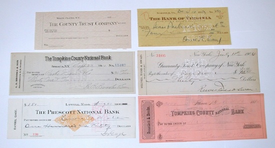 SIX (6) OLD CHECKS - MASS, NEW YORK & VIRGINIA