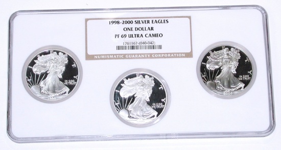 1998, 1999, 2000 SILVER EAGLES - NGC PF69 ULTRA CAMEO