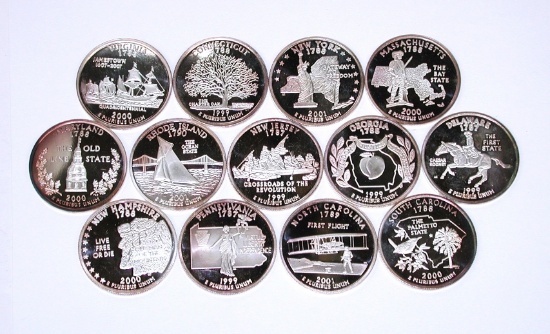 13 ONE TROY OUNCE .999 FINE SILVER STATE QUARTER REPLICA ROUNDS