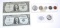 TWO (2) $1 SILVER CERTIFICATES + 1964 UNC COINS