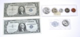 TWO (2) $1 SILVER CERTIFICATES + 1964 UNC COINS