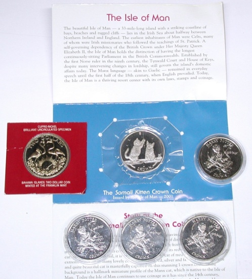 FIVE (5) ISLE of MAN CROWNS + 1976 BAHAMAS $2 COIN