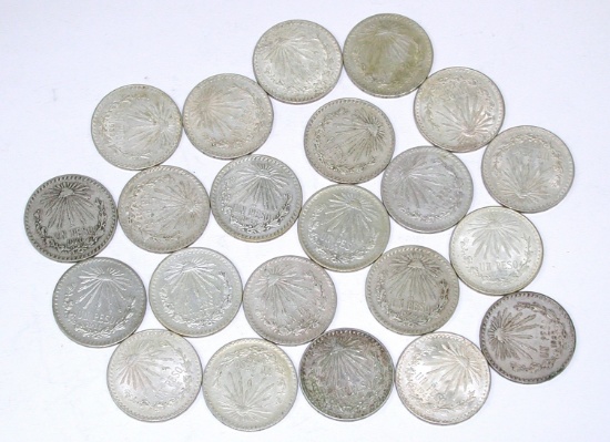 MEXICO - 22 ONE PESO SILVER COINS - 1919 to 1945 - 8.49 TROY OZ