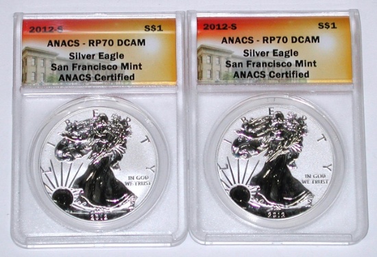 TWO (2) 2012-S REVERSE PROOF SILVER EAGLES - ANACS PR70 DCAM