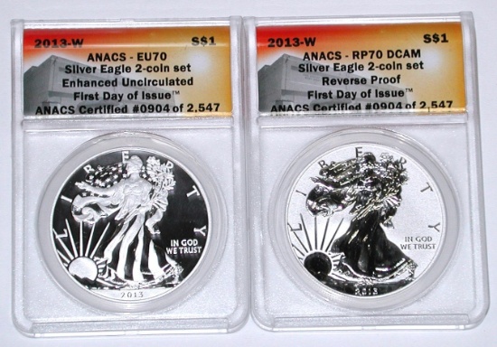 2013-W EAGLE 2-COIN SET - REV PROOF & ENHANCED - ANACS 70 - 1st DAY