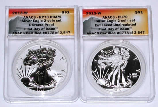2013-W EAGLE 2-COIN SET - REV PROOF & ENHANCED - ANACS 70 - 1st DAY