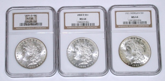 THREE (3) NGC MS64 MORGAN DOLLARS - 1900-O, 1904-O, 1921