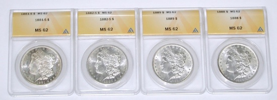 FOUR (4) ANACS MS62 MORGAN DOLLARS - 1881-S, 1882-S, 1888, 1889