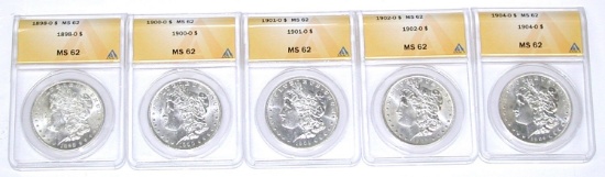 FIVE (5) ANACS MS62 MORGANS - 1898-O, 1900-O, 1901-O, 1902-O, 1904-O