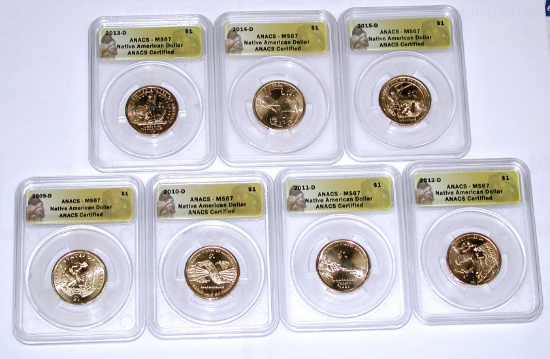 SEVEN (7) ANACS MS67 NATIVE AMERICAN DOLLARS - 2009-D to 2015-D