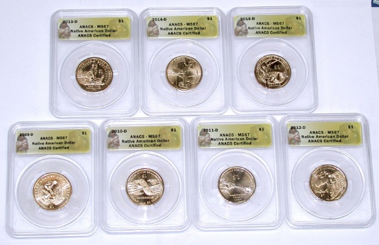 SEVEN (7) ANACS MS67 NATIVE AMERICAN DOLLARS - 2009-D to 2015-D