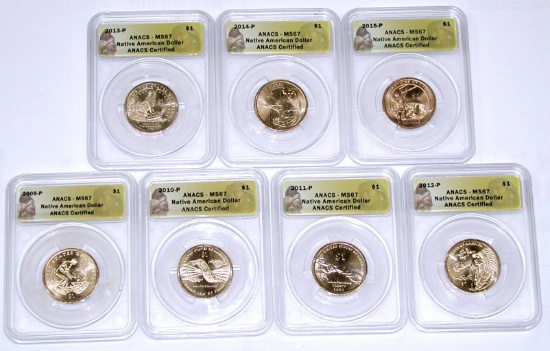 SEVEN (7) ANACS MS67 NATIVE AMERICAN DOLLARS - 2009-P to 2015-P