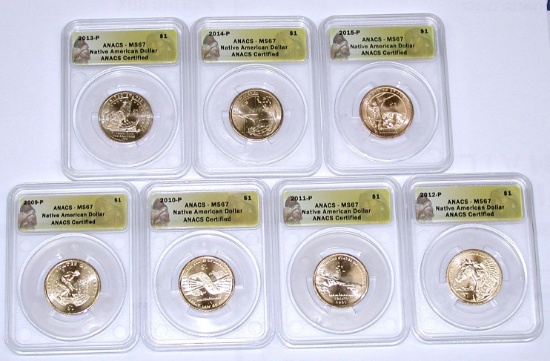 SEVEN (7) ANACS MS67 NATIVE AMERICAN DOLLARS - 2009-P to 2015-P