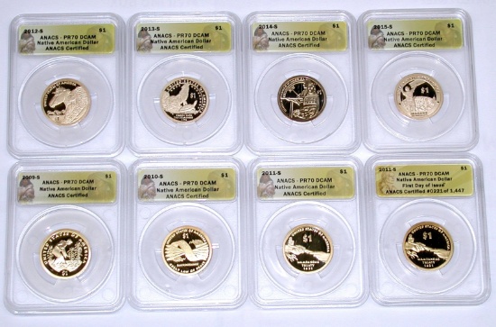 EIGHT (8) ANACS PR70 DCAM NATIVE AMERICAN DOLLARS - 2009-S to 2015-S