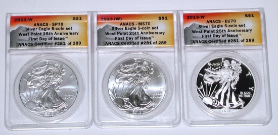 THREE (3) 2013-W SILVER EAGLES - ANACS EU70, SP70, MS70