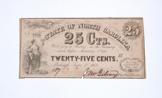 1862 STATE of NORTH CAROLINA 25 CENT NOTE