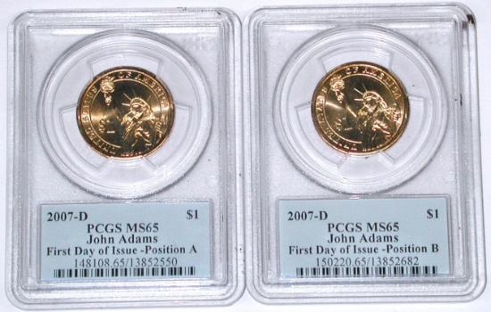 TWO (2) 2007-D JOHN ADAMS DOLLARS - POSITION A & B - PCGS MS65
